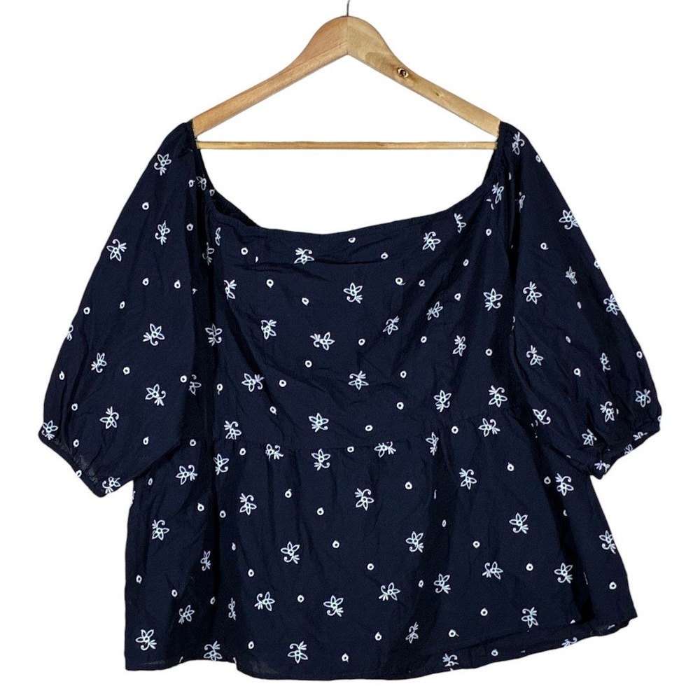 Lane Bryant Square Neck Floral Embroidered Top Navy Blue 100% Cotton Size 20